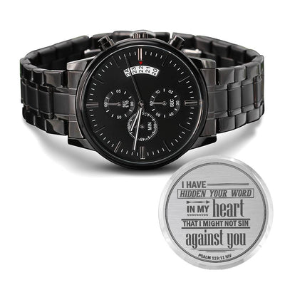 engraved men's chronograph watch