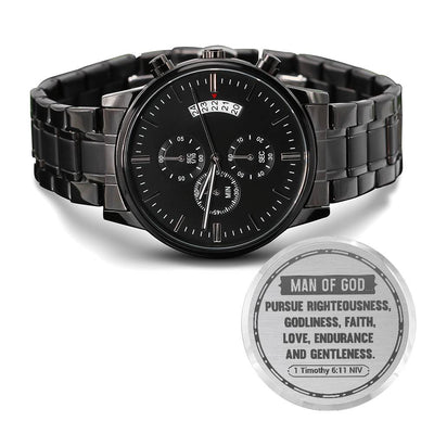 Engraved blacks chronograph watch